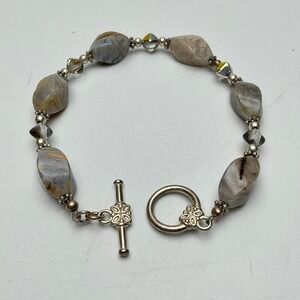 Vtg Sterling Silver Agate Bead Bracelet 6.5" Toggle Clasp Earth‎ Tone Estate